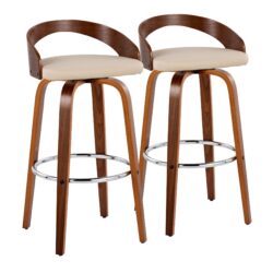 Grotto - Mid-Century Modern Fixed Height Barstool With Swivel With Round Footrest (Set of 2) - Walnut / Cream