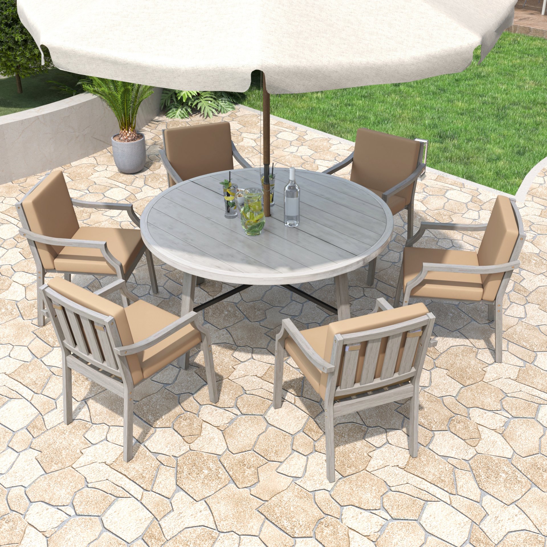 6 Person Outdoor Wooden Dining Set With Umbrella Hole And Removable Cushions For Patio - Gray - Image 7