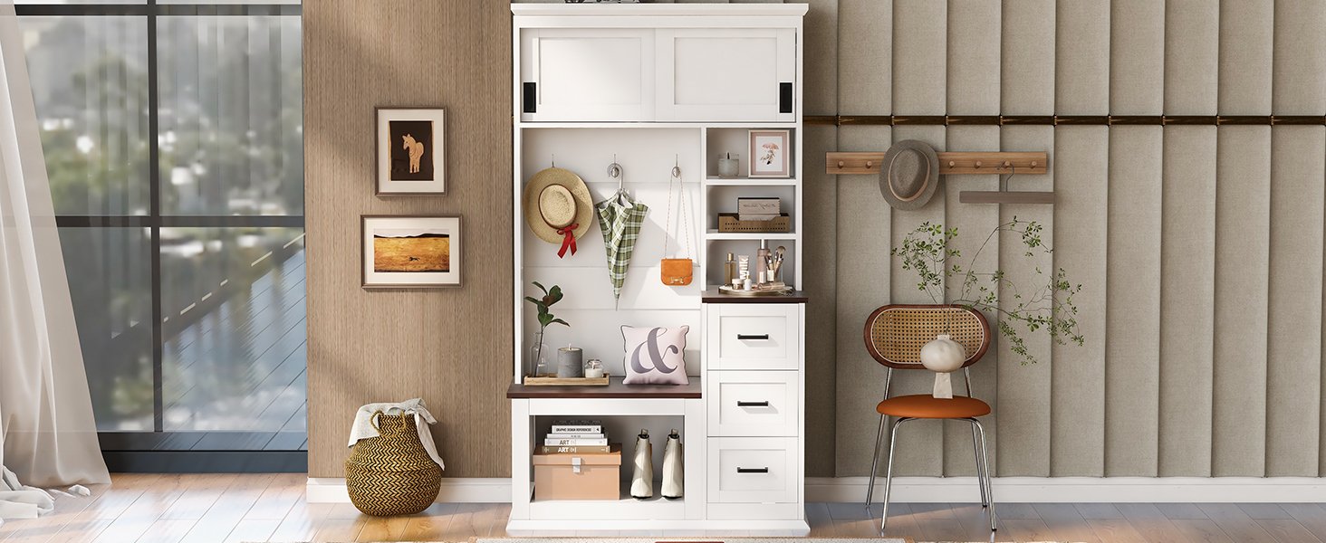 Modern Entryway Bench With Coat Rack, 3 Shelves And Drawers, 3 Sturdy Hooks, Wide Hall Tree With Storage Bench For Hallway - White - Image 6