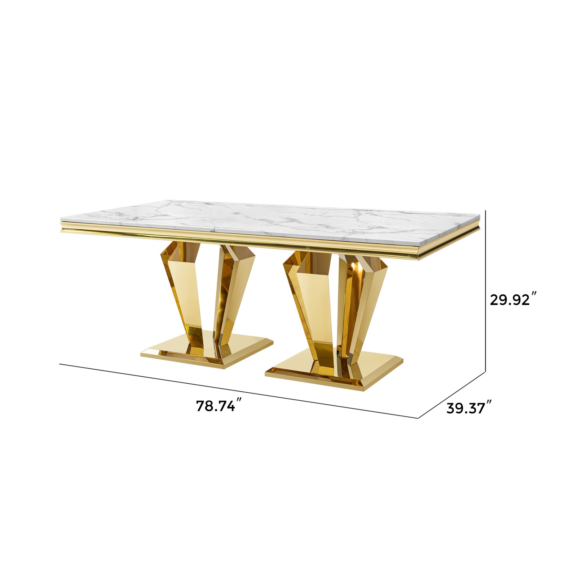 79.53 In. Elegant Marble Pattern Dining Table For 6 Or 8 Seats Polished Stainless Steel Base - Gold - Image 3