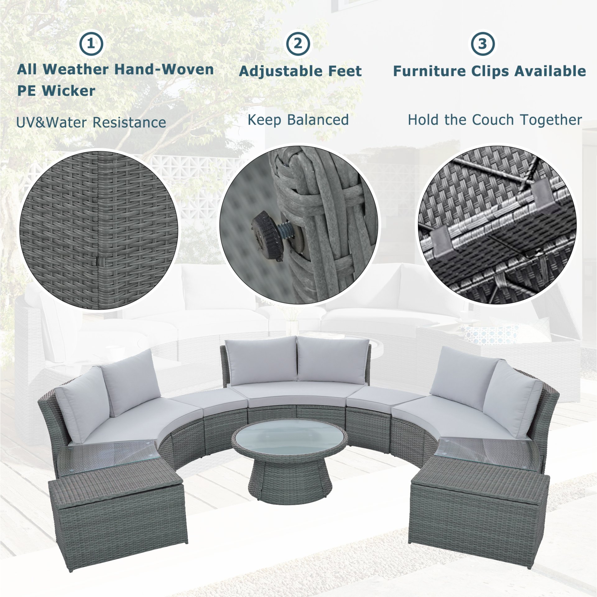10 Piece Outdoor Sectional Half Round Patio Rattan Sofa Set, Wicker Conversation Furniture Set For Free Combination - Light Gray - Image 5