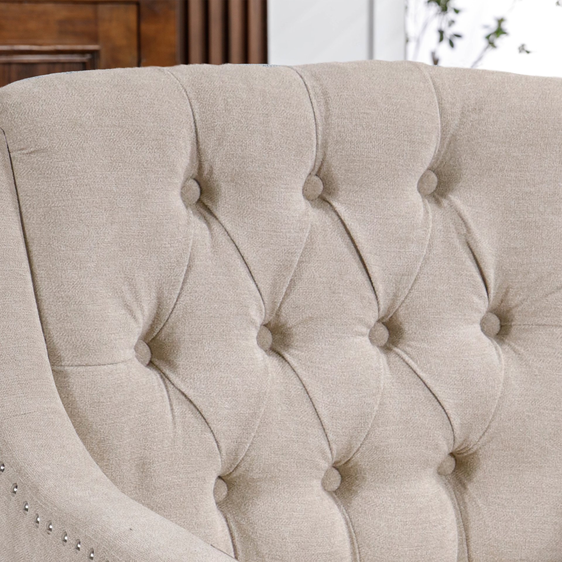Accent Chair, Living Room Chair, Footrest Chair Set With Vintage Brass Studs, Button Tufted Upholstered Armchair For Living Room, Comfy Reading Chair For Bedroom, Reception Room - Beige - Image 10