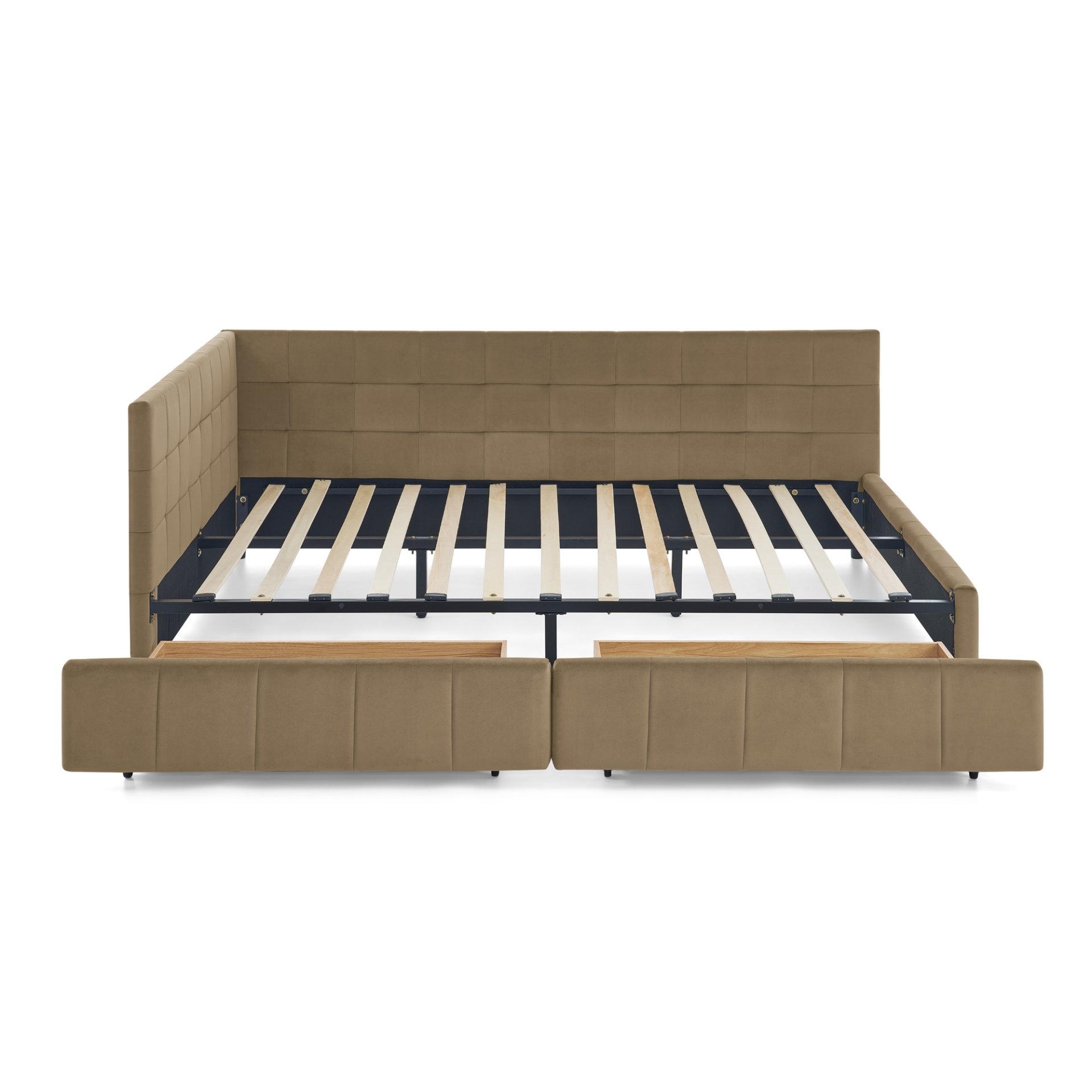 Mid Century Velvet Upholstered Tufted Queen Size Storage Bed Frame With Backrest And Armrests - Brown - Image 11