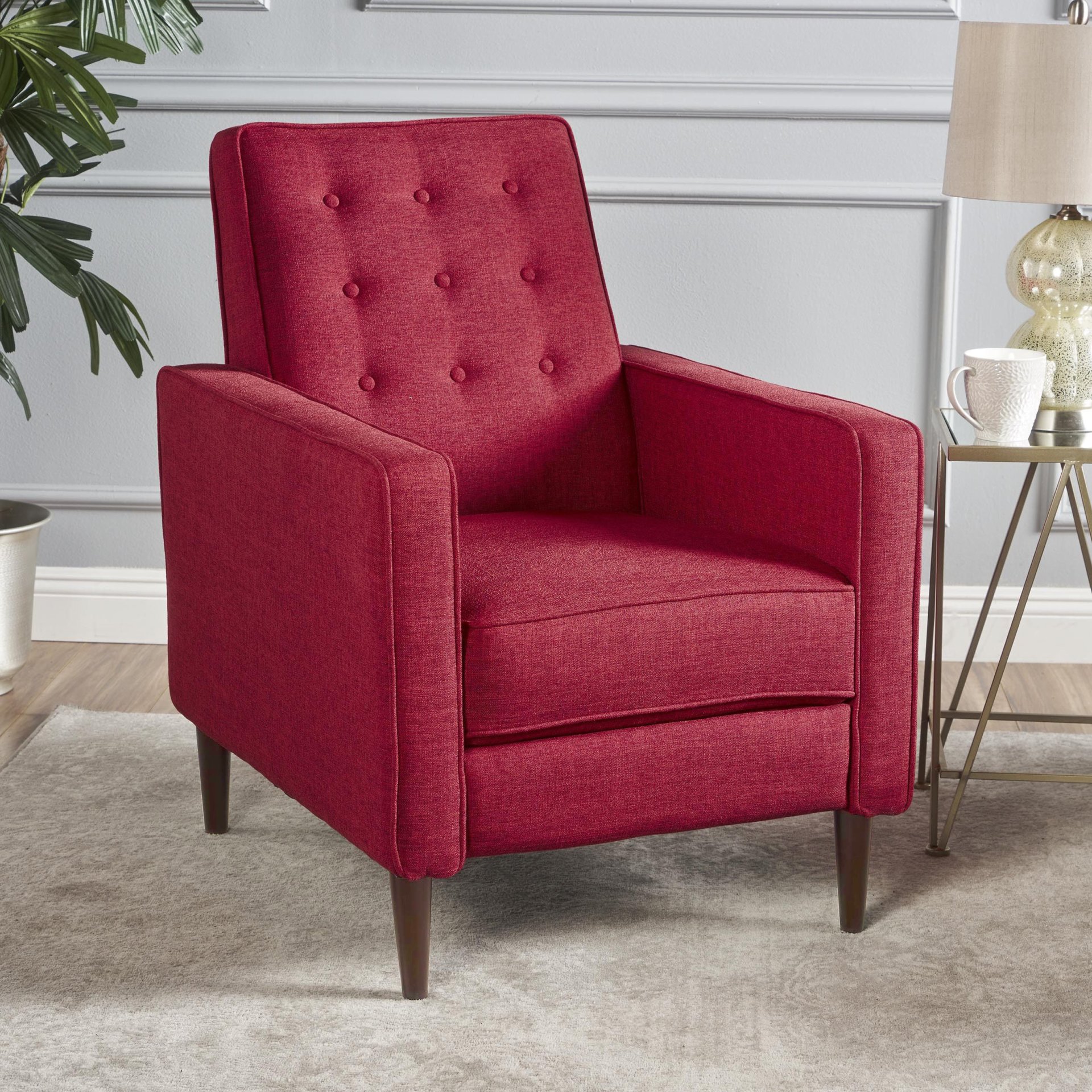 Macedonia - Mid Century Modern Button Tufted Fabric Recliner - Red - Image 5