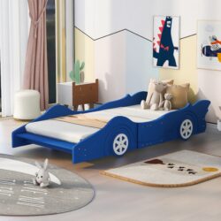 Twin Size Platform Bed Race Car Shaped With Wheels - Blue
