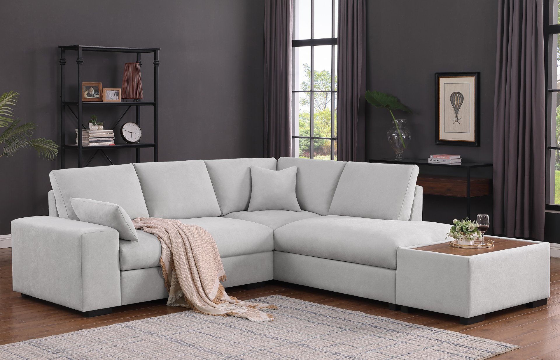 Joshua - Woven Fabric Sectional Sofa With Right Facing Chaise and Console Ottoman - Light Gray - Image 3