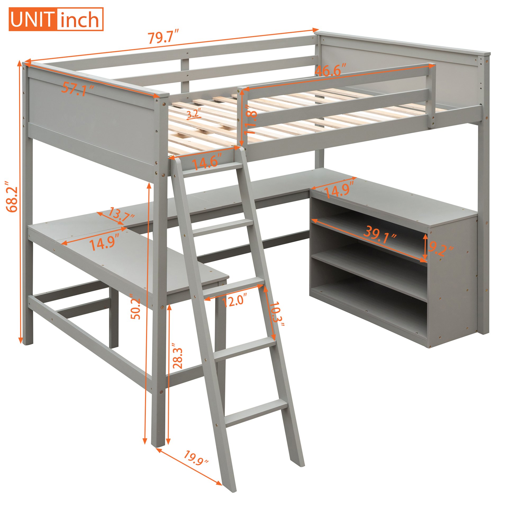 Full Size Loft Bed With Shelves With Desk - Gray - Image 13