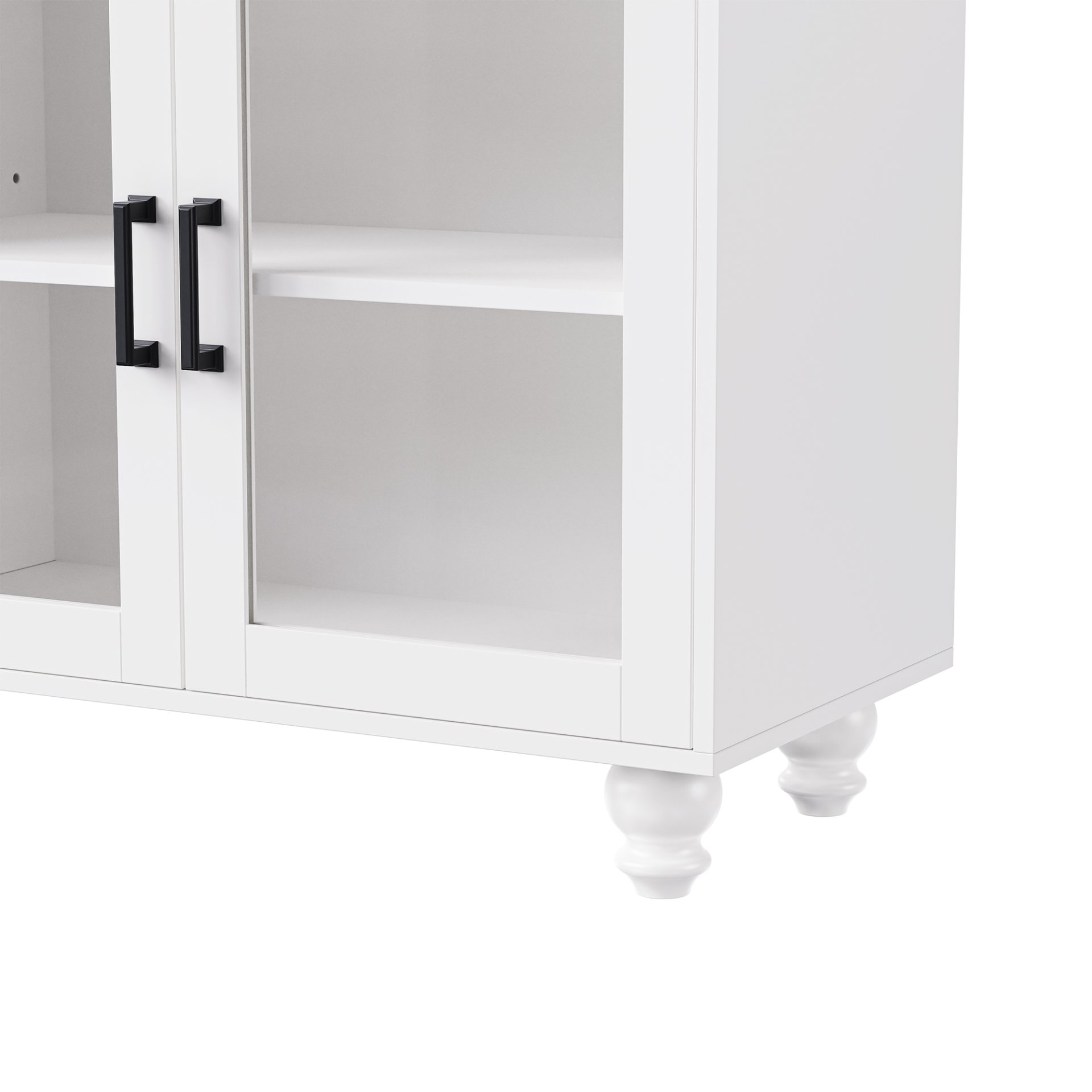 Farmhouse TV Stand With Solid Wood Gourd Shaped Legs For TVs Up To 70", Entertainment Center With Bookshelves & Tempered Glass Doors, Media Console With Adjustable Shelves, Living Room - White / Natural - Image 20
