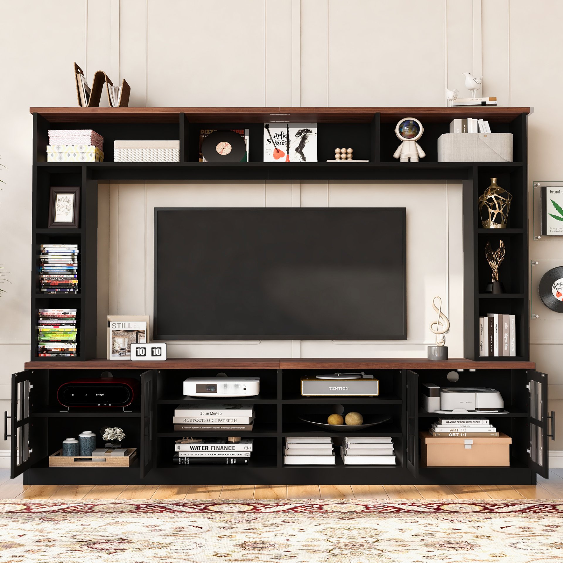 Wall Unit Entertainment Center With Bookshelves For TVs Up To 80", Modern TV Stand Media Console With Cabinets, Tempered Glass Doors And Adjustable Shelves For Living Room - Black - Image 4