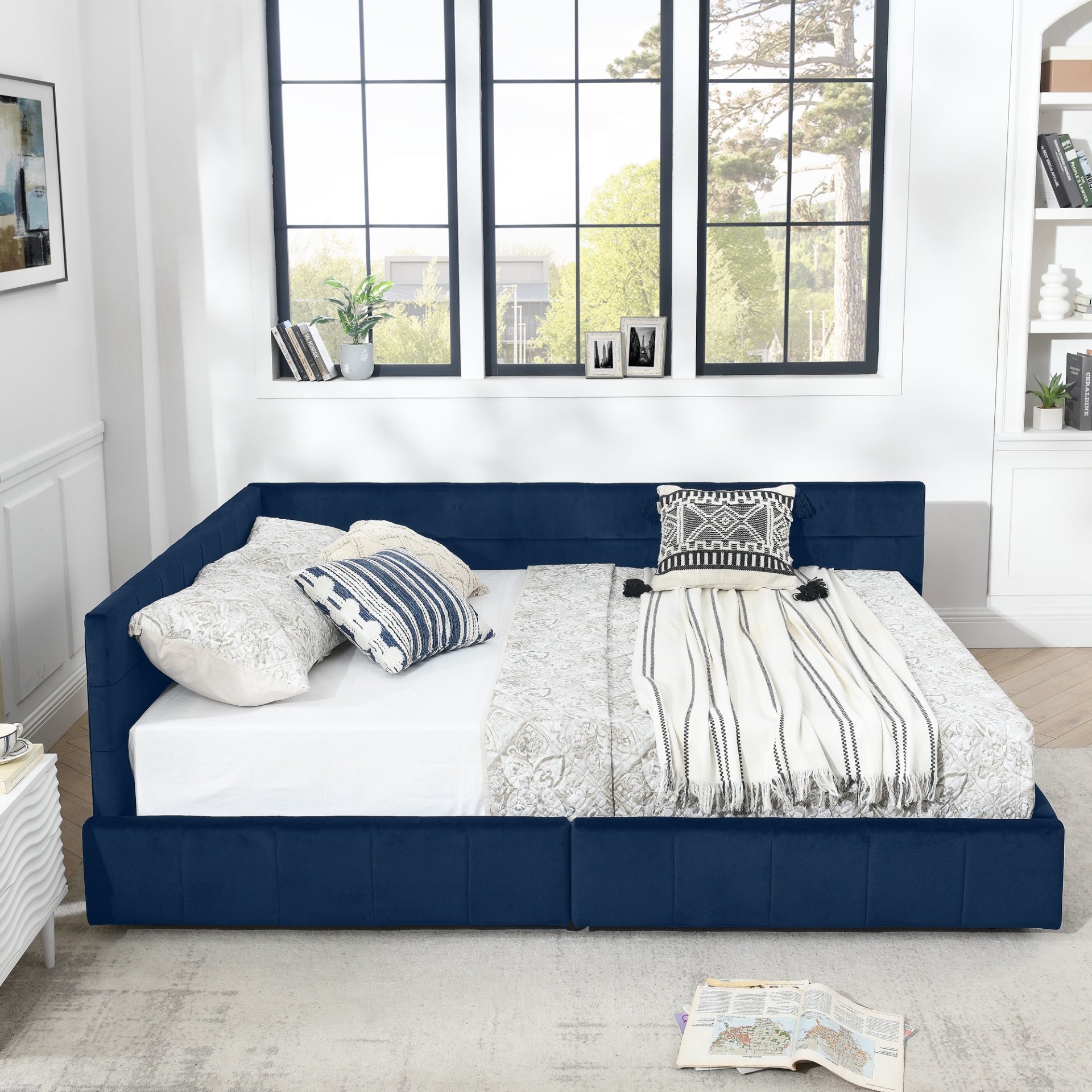 Queen Size Storage Upholstered Tufted Bed Frame, Comfortable Sofa Bed With Backrest And Armrests - Dark Blue - Image 7