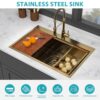 33" Drop In Kitchen Sink With Workstation Ledges 16 Gauge T304 Single Bowl Sink - Gold - Image 6