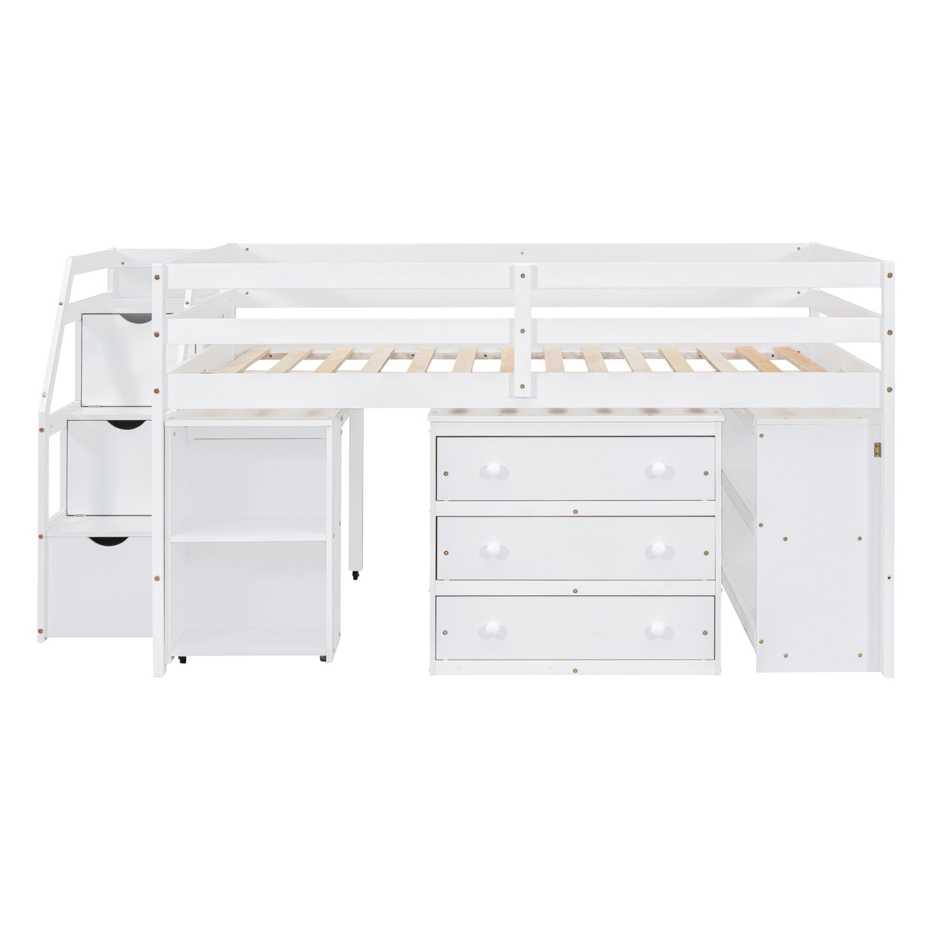 Full Size Loft Bed With Retractable Writing Desk And 3 Drawers With Storage Stairs And Shelves - White - Image 5
