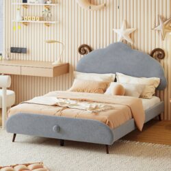 Full Size Upholstered Platform Bed With Sheep Shaped Headboard - Gray