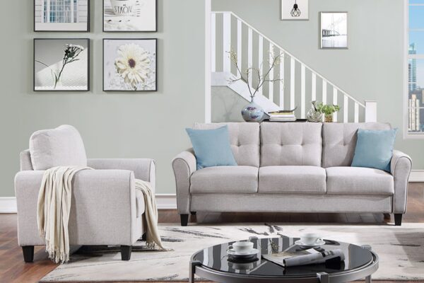 Modern Living Room Sofa Set Linen Upholstered Couch Furniture For Office, Home - Light Gray