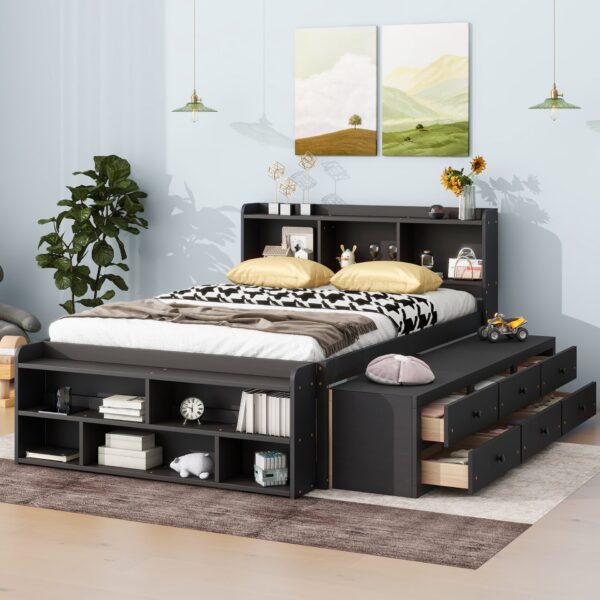 Full Bed With Bookcase Headboard, Under Bed Storage Drawers And Bed End Storage Case - Espresso