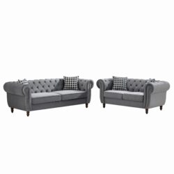 Chesterfield Velvet Upholstery Fabric Sofa With Roll Armrest & Nailhead, 3 And 2 Seater - Gray