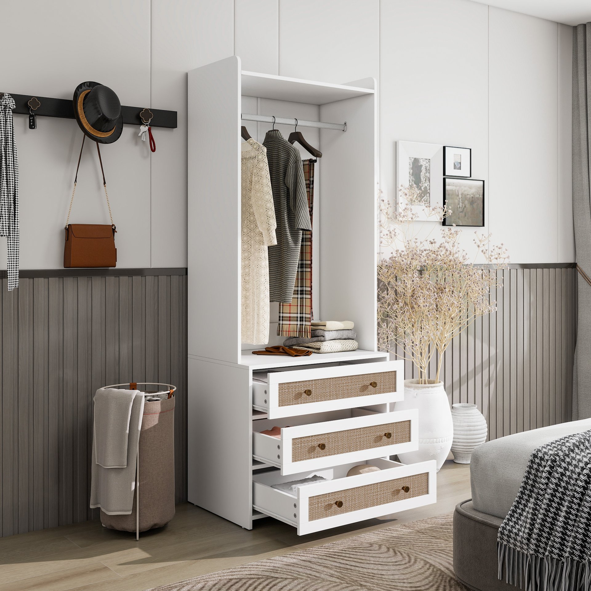 Wardrobe With 3 Drawers High Wardrobe Armoire With Rattan For Living Room Organizer - White - Image 6