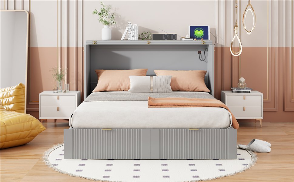 Full Size Murphy Bed With Drawer And A Set Of Sockets & USB Ports, Pulley Structure Design - Gray - Image 24
