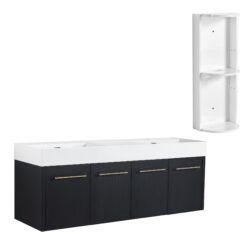 Modern Wall Mounted Bathroom Vanity With Double Resin Sink And Storage Rack - Black Chestnut