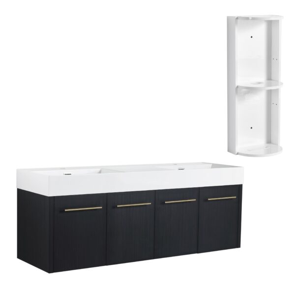 Modern Wall Mounted Bathroom Vanity With Double Resin Sink And Storage Rack - Black Chestnut