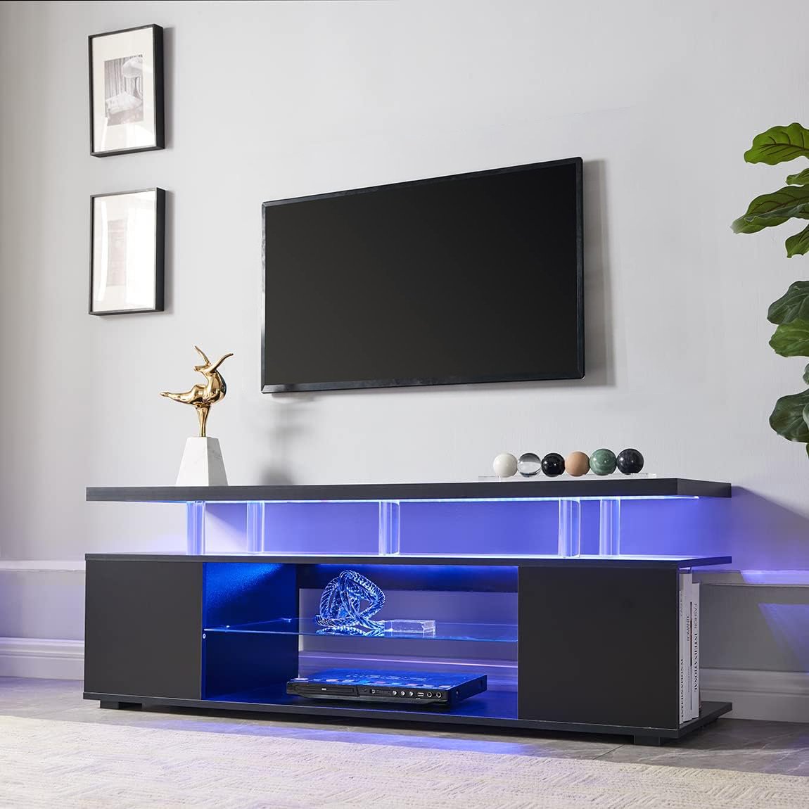 TV Stand LED Gaming Entertainment Center Media Storage Console Table With Large Side Cabinet For Living Room - Black - Image 2