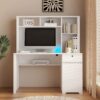 Computer Desk With Hutch & Bookshelf, Wood Executive Desk Teens Student Desk Writing Laptop Home Office Desk With Drawers, 3 Ac Outlets And 2 USB Charging Ports, Study Laptop Table For Home - White - Image 4
