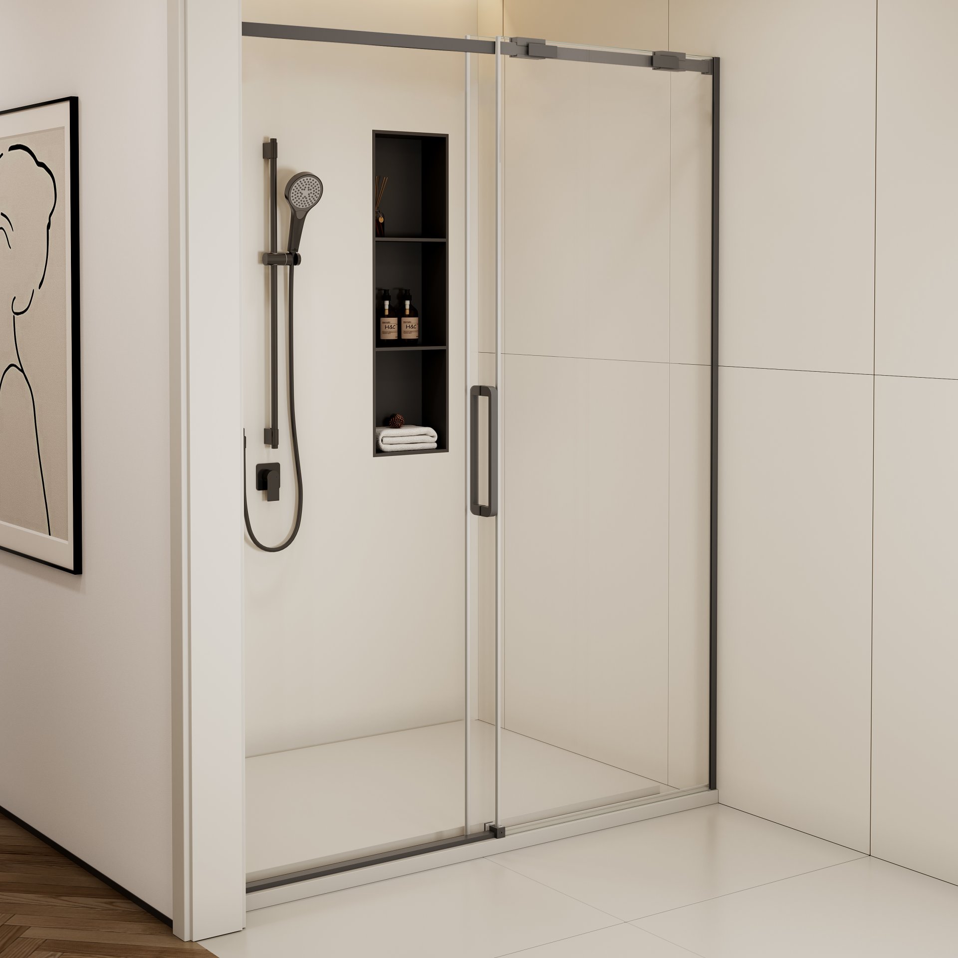 Semi Frame Single Sliding Shower Door, 304 Stainless Steel, 5 / 16" Tempered Clear Glass - Matte Black - Image 6