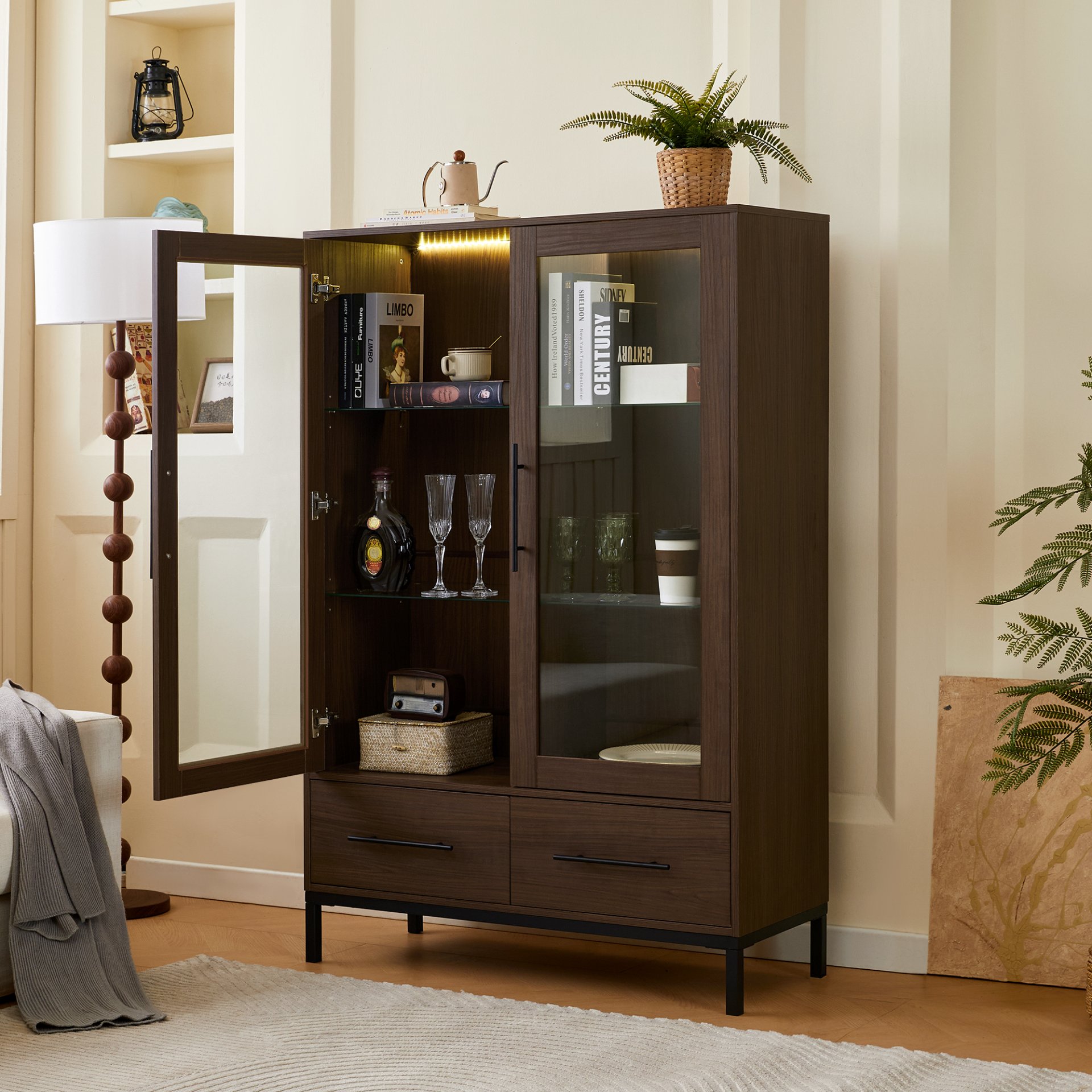 Modern Style Tall Display Cabinet With LED Lighting, Tempered Glass Door, 2 Drawers - Black / Dark Walnut - Image 5