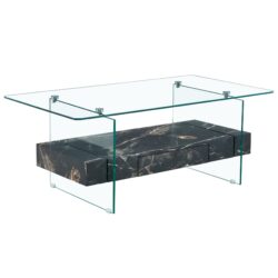 Modern 2 Tier Coffee Table Clear Tempered Glass Top With Marble Texture & Multifunctional Storage Design - Black / Transparent
