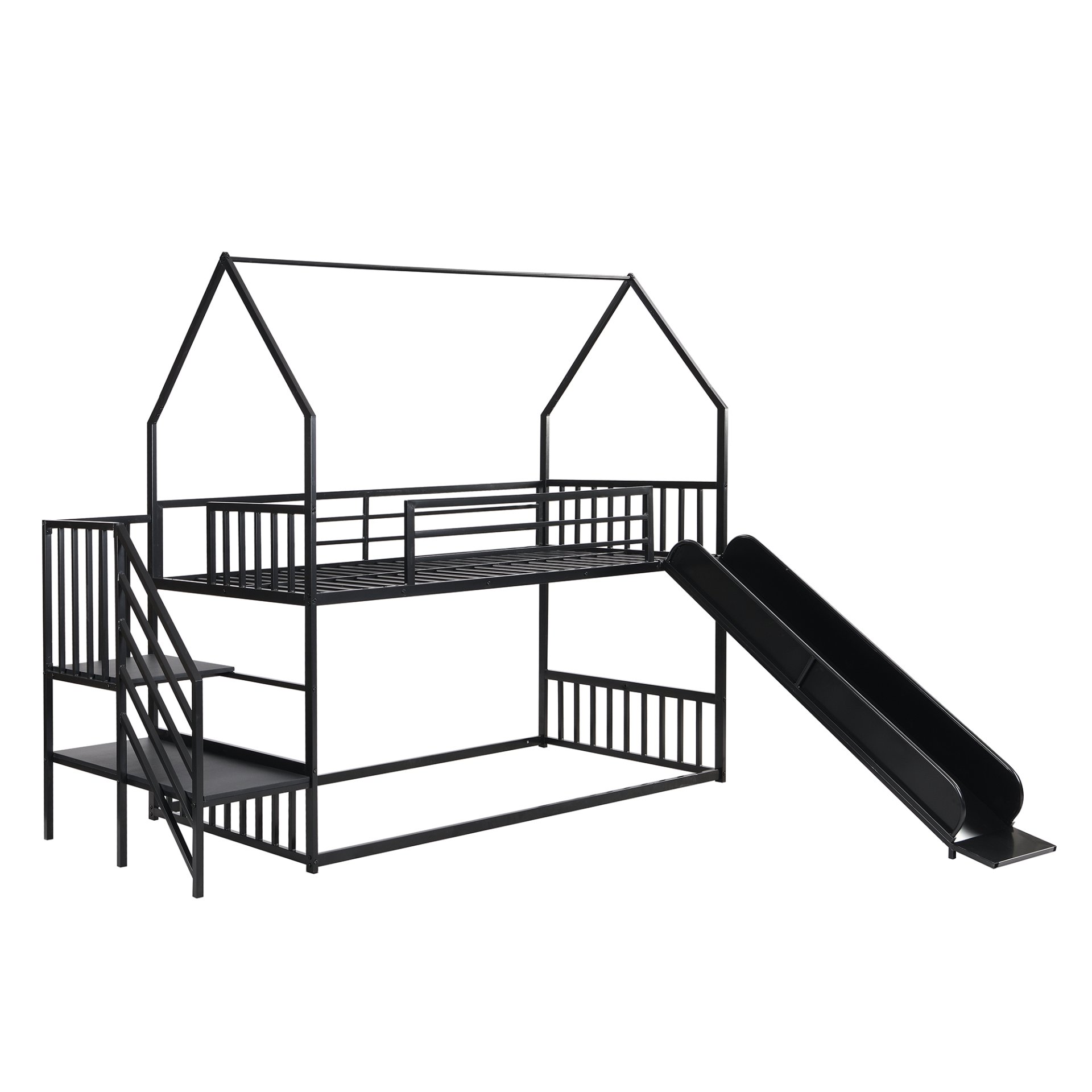 Twin Size Metal Bunk Bed House Bed With Slide And Staircase - Black - Image 12