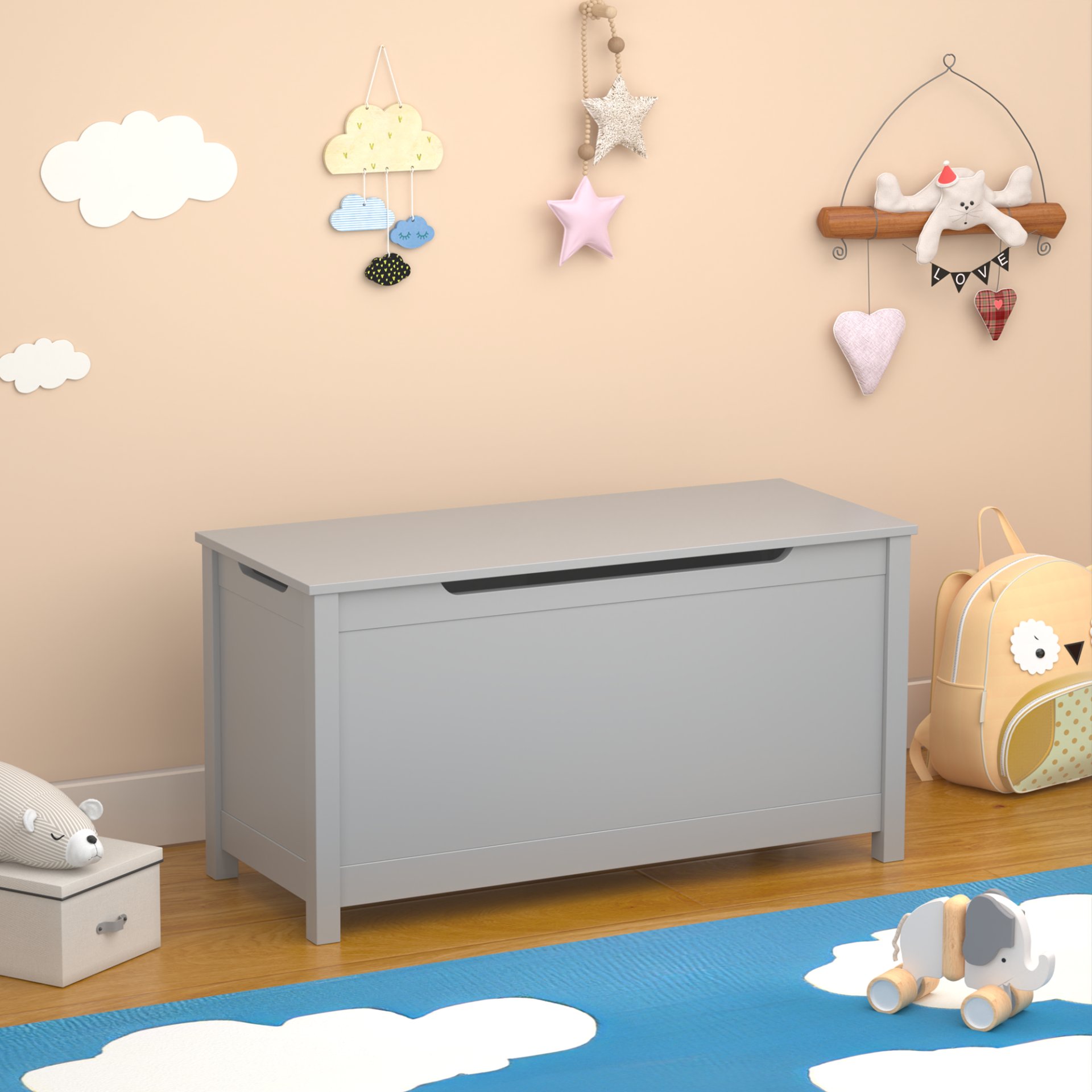 Kids Wooden Toy Box Storage With Safety Hinged Lid For Ages 2+ - Gray - Image 4