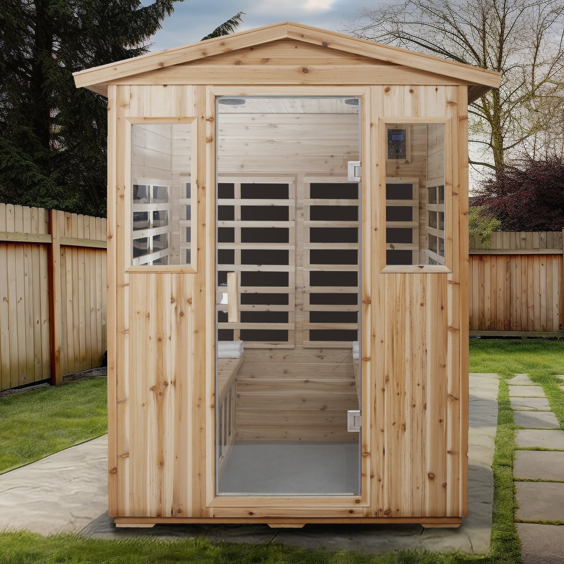 4 Person Old Fir Far Infrared Outdoor Sauna Room - Natural - Image 2