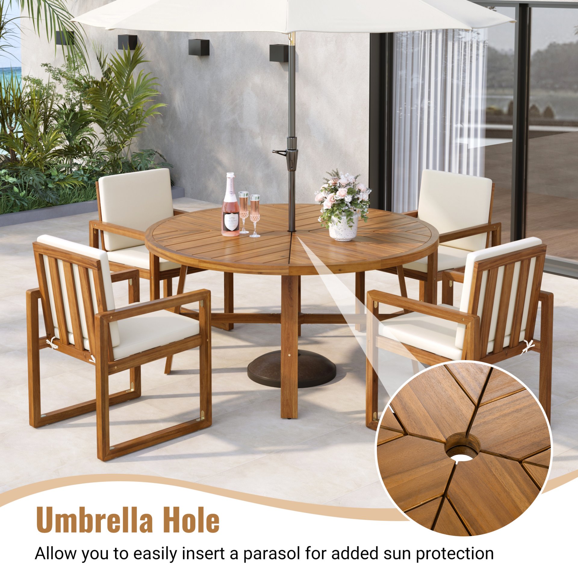 5 Piece Outdoor Patio Dining Set With 4 Armchairs And Table - Beige - Image 5