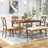 6 Piece Kitchen Dining Table Set Wooden Rectangular Dining Table, 4 Chairs And Bench Family Furniture - Natural Cherry - Image 5