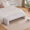 Modern Upholstered Armless Bed Bench, Channel Tufted Couch Daybed Chaise, Ivory Chenille - Ivory - Image 3