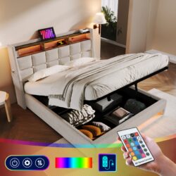Queen Size Upholstered Platform Bed With A Hydraulic Storage System, LED And USB Charging (Without Mattress) - Natural