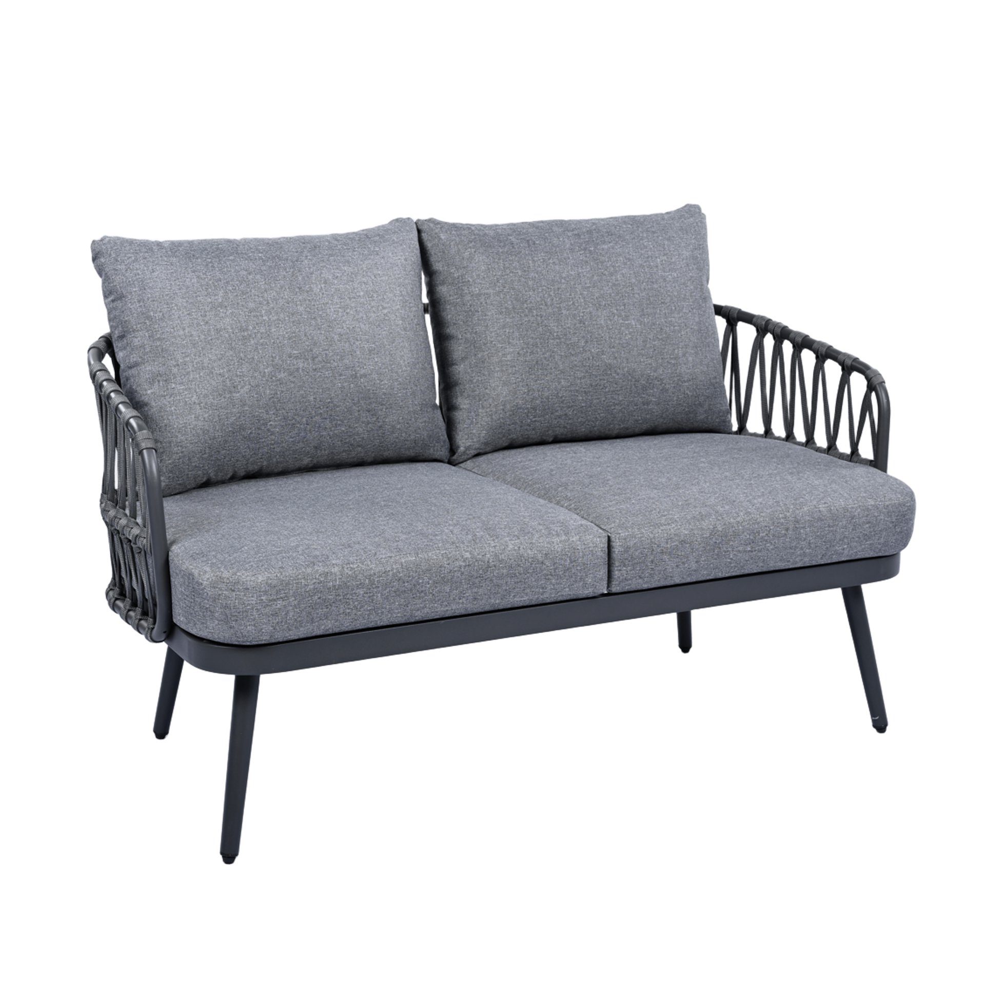 4 Piece Outdoor Patio Furniture Set, Metal Chairs With Woven Rope U Shaped Backrest, Outdoor Conversation Set With Thick Cushions And Coffee Table For Garden, Poolside, Balcony - Black / Gray - Image 9