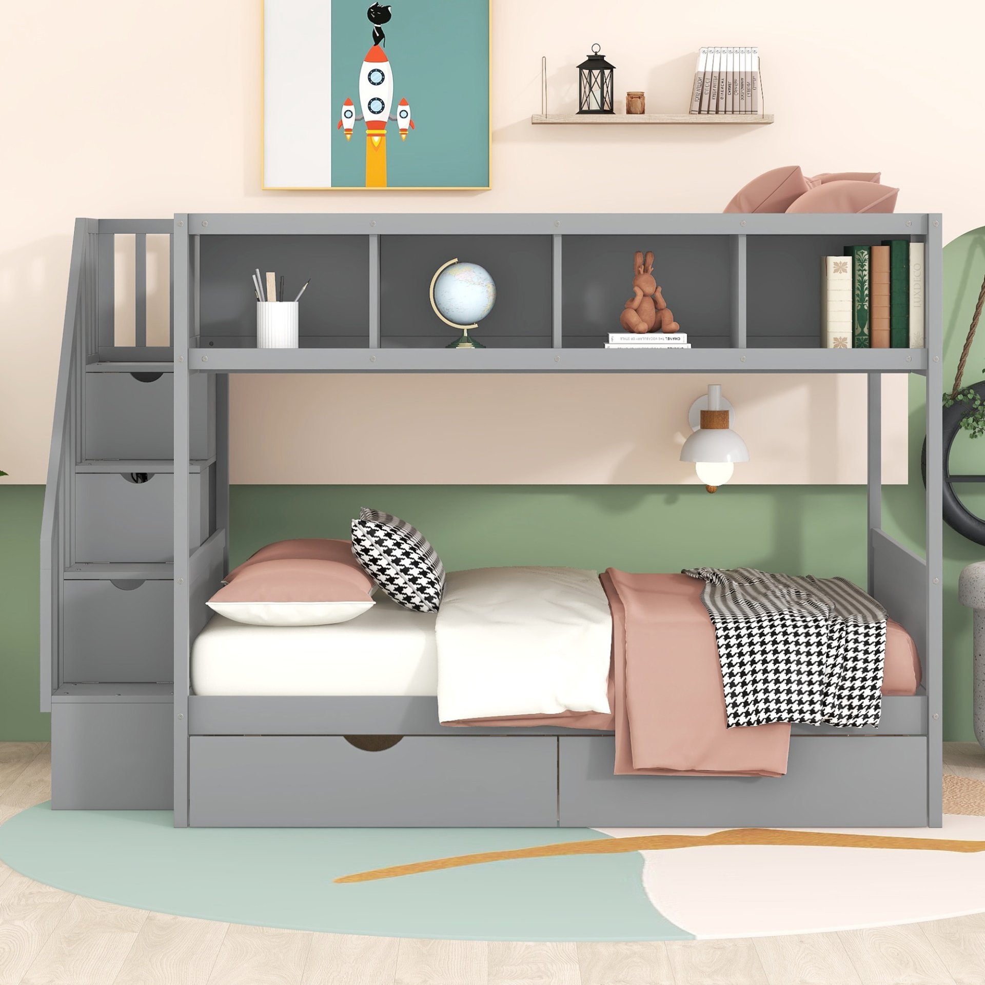 Twin Over Full Bunk Bed With Shelfs, Storage Staircase And 2 Drawers - Gray - Image 2