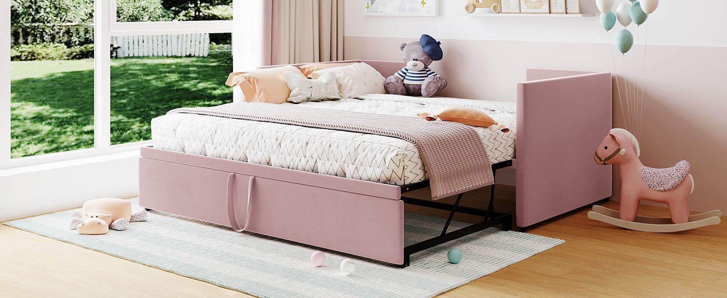 Twin Size Upholstered Daybed With Pop Up Trundle - Pink - Image 15