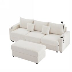 Modern Style 3 Seater Sofa Sectional Sofa Couch With Storage Space, A Movable Ottoman, Two USB Ports, Two Cup Holders, A Phone Holder For Living Room - Beige