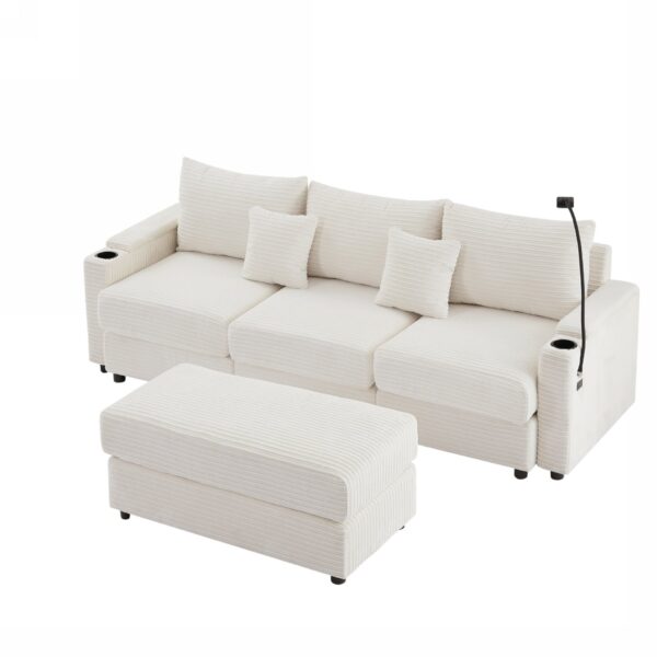 Modern Style 3 Seater Sofa Sectional Sofa Couch With Storage Space, A Movable Ottoman, Two USB Ports, Two Cup Holders, A Phone Holder For Living Room - Beige