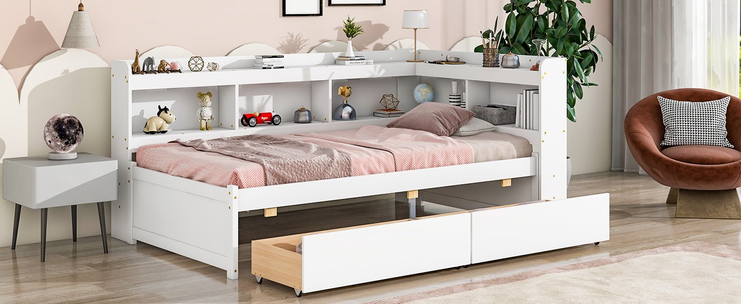 Twin Bed With L-Shaped Bookcases, Drawers - White - Image 4