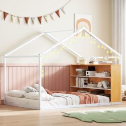 Full Size Bed House Frame With Shelves And Lights - White