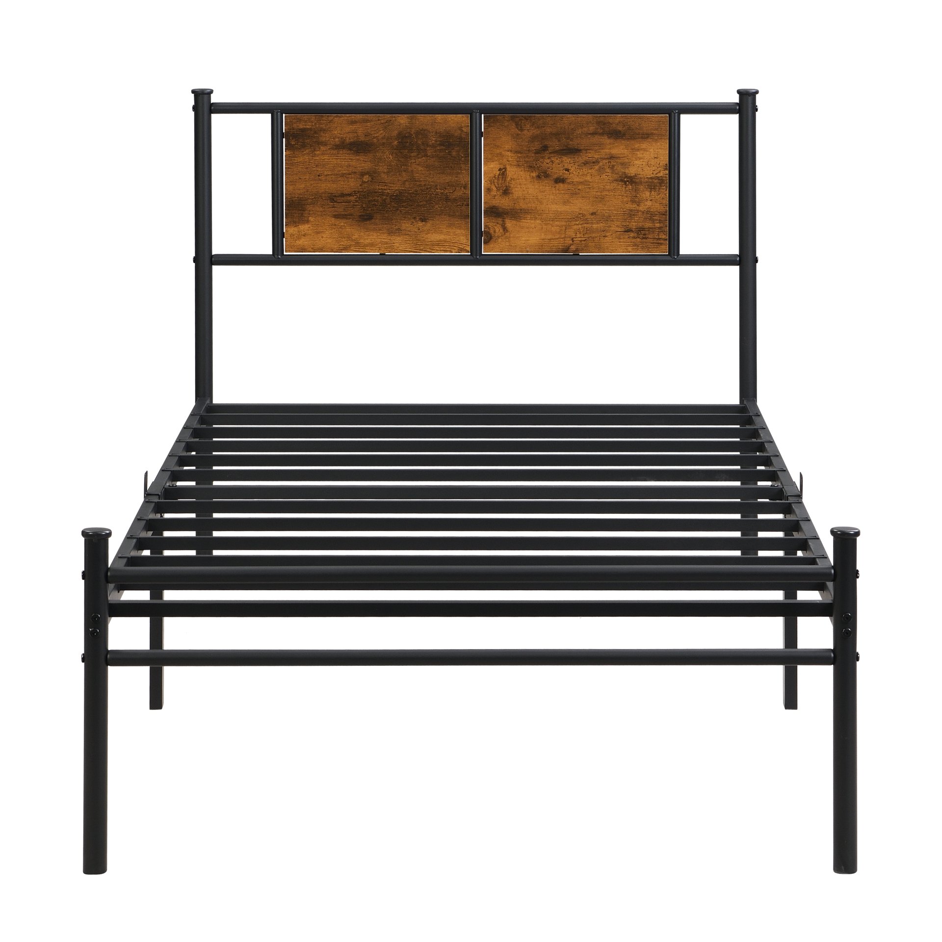 Modern Twin Size Metal Bedframe With Wood Panel Headboard - Black / Brown - Image 8
