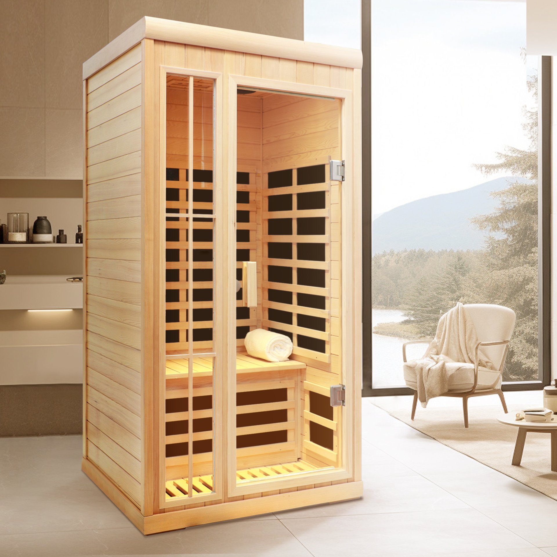 Deluxe Version Plus 1 Person Far Infrared Hemlock Sauna Room With LED Colour Lights - Natural - Image 7