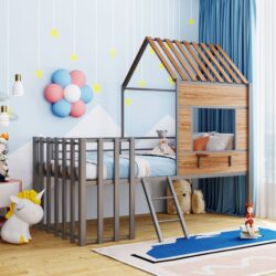 Twin Size Loft Bed With Roof, Window, Guardrail, Ladder - Silver