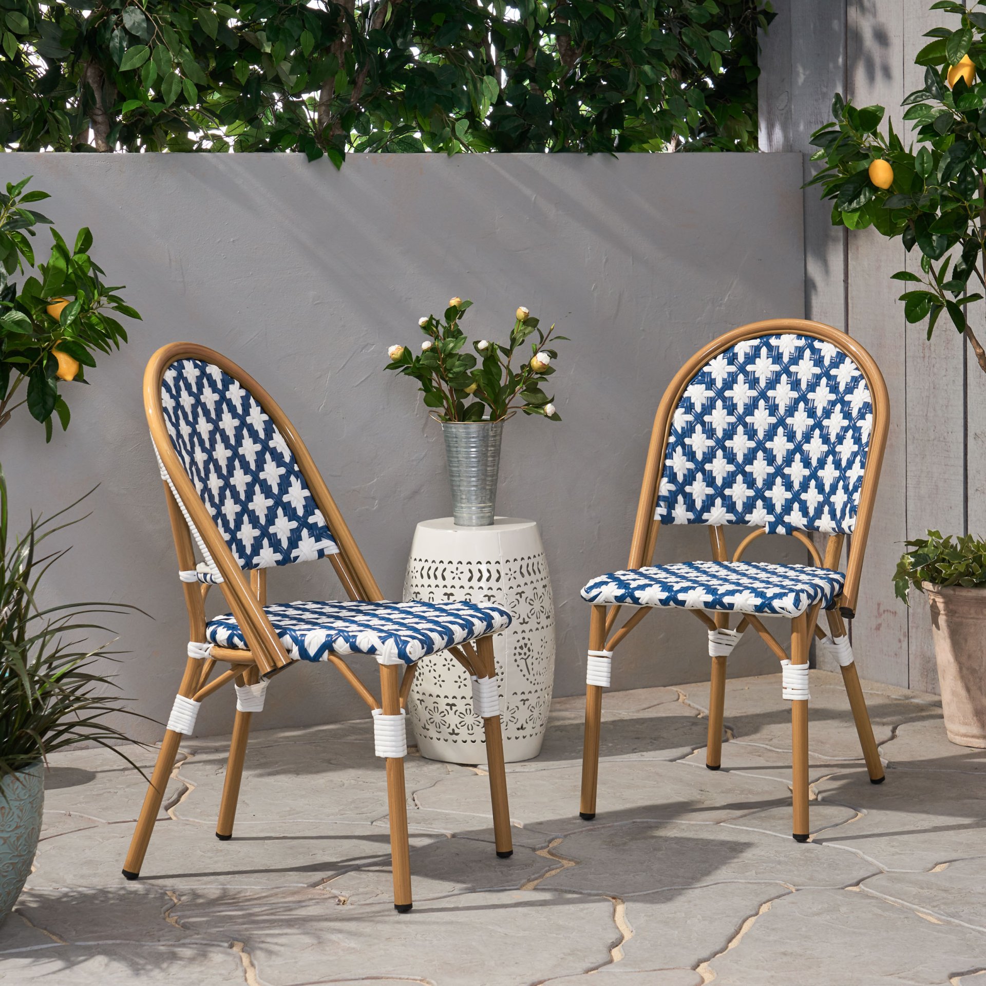 Elegant French Bistro Chair Set With Durable Aluminum Frame And Polyethylene Rattan - White / Navy - Image 4