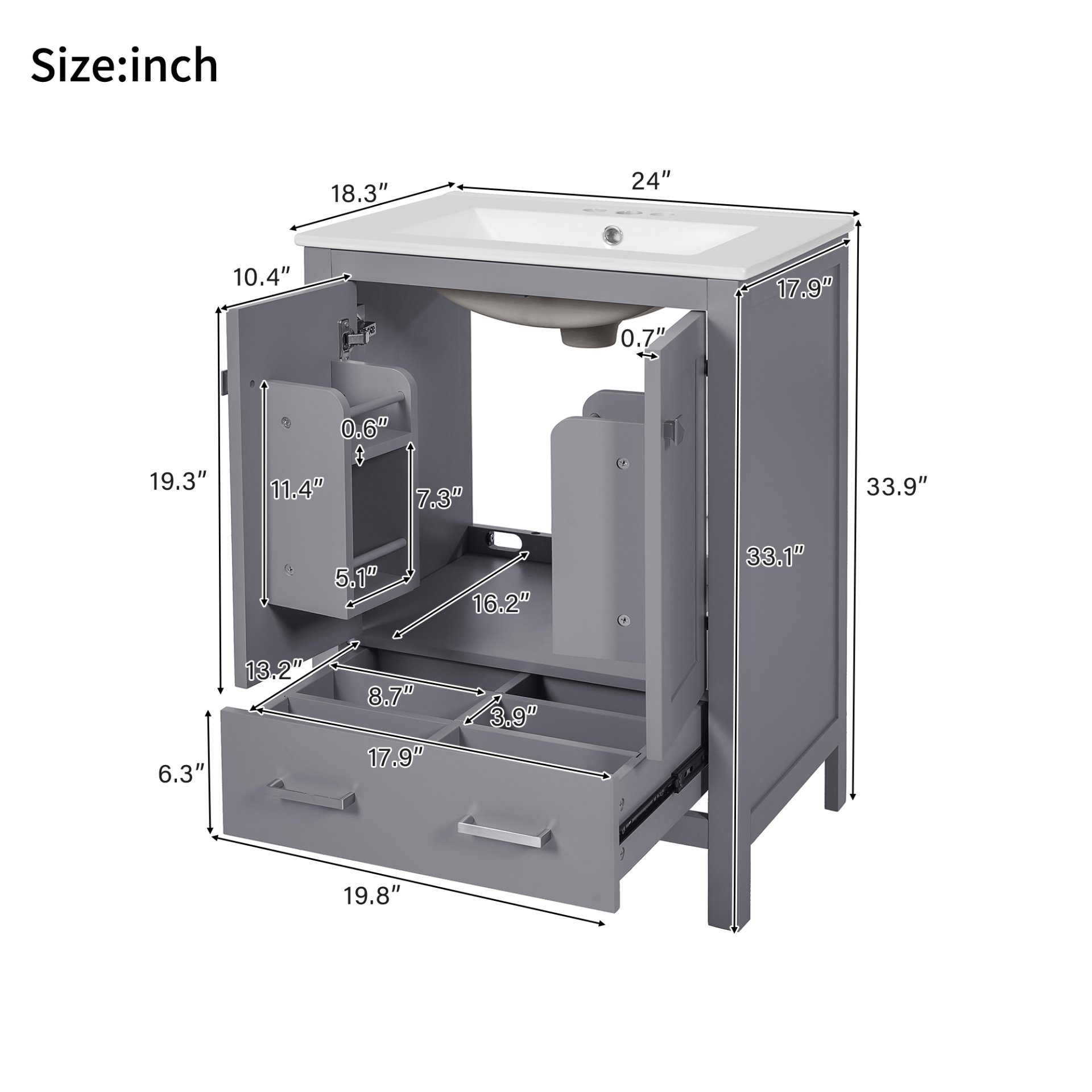 24" Bathroom Vanity With Integrated Undermount Sink, 2 Doors 1 Drawer, Soft Close Hinges, - Gray - Image 3