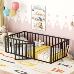 Twin Size Floor Bed Frame With Fence And Door - Black