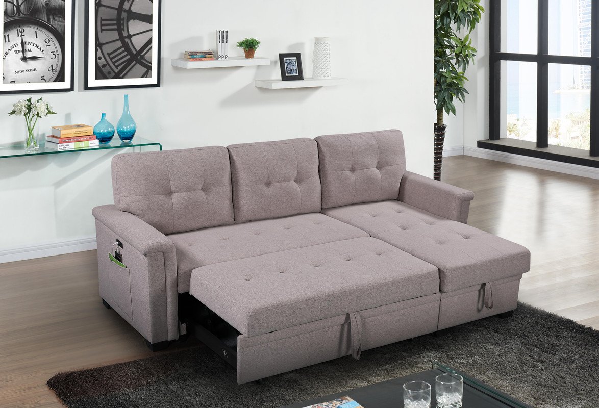 Ashlyn - Reversible Sleeper Sectional Sofa With Storage Chaise, USB Charging Ports And Pocket - Light Gray - Image 3
